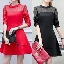 Fashion Sweet Solid Color Long Sleeve Hollow Out A-Line Dress 