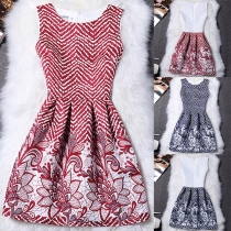 Retro Style Sleeveless Round Neck High Waist Printed Dress
