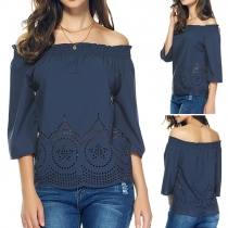 Sexy Boat Neck 3/4 Sleeve Hollow Out Chiffon Tops