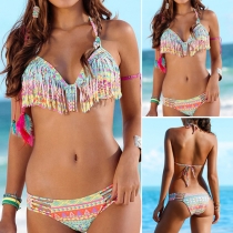 Sexy Colorful Printed Tassel Halter Bikini Set