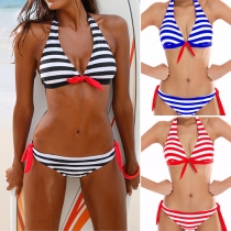 Fashion Sexy Color Spliced Striped Two-piece Halter Bikini Swimsuit