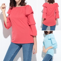 Fashion Elegant Solid Color Off-shoulder Multi-layer Ruffle Sleeve Tops 