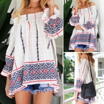 Fashion Casual Sexy Printed Off-shoulder Long Sleeve Tops 