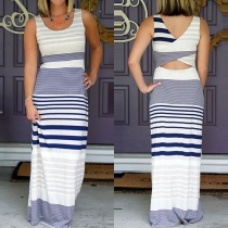 Fashion Elegant Striped Sleeveless Crossover Maxi Dress 
