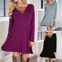 Fashion Casual Solid Color Long Sleeve Crossover Slim Fit Dress 