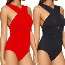 Fashion Sexy Solid Color Bandage Crossover One-piece Swimsuit 
