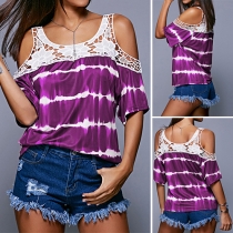 Fashion Casual Tie-dye Printed Lace Spliced Cold Shoulder T-shirt