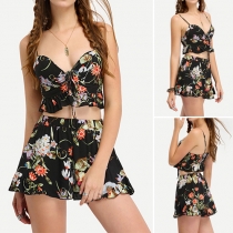 Fashion Sexy Floral Printed Sleeveless Sling Tops + Casual Pants Two-piece Set 