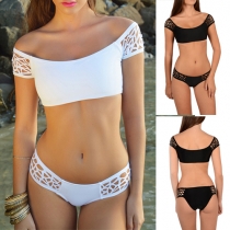 Fashion Sexy Solid Color Off-shoulder Holllow Out Two-piece Bikini Swimsuit  