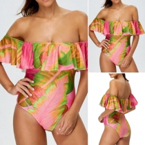 Fashion Sexy Floral Printed Off-shoulder One-piece Bikini Swimsuit 