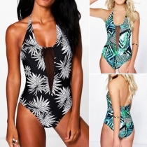 Fashion Sexy Floral Printed Gauze One-piece Halter Swimsuit  