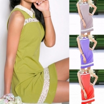Fashion Elegant Lace Spliced Sleeveless Doll Collar Bodycon Dress 