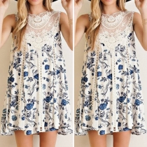 Fashion Elegant Floral Printed Lace Sleeveless Dress 