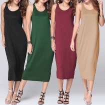 Fashion Casual Solid Color Backless Sleeveless Maxi Dress 