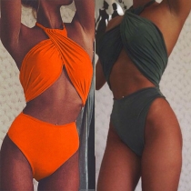 Fashion Sexy Solid Color Two-piece Halter Bikini Swimsuit