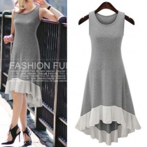Fashion Casual Contrast Color Spliced Sleeveless Swing Dress 
