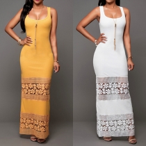 Elegant Solid Color Sleeveless Round Neck Lace Spliced Maxi Dress