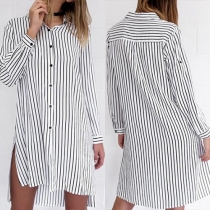 Fashion Long Sleeve Slit Hem Striped Shirt Dress