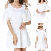 Sexy Off-shoulder Lotus Sleeve Solid Color Chiffon Dress