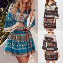 Bohemian Style Lace-up V-neck Trumpet Sleeve Printed Dress