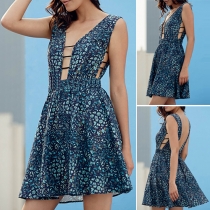 Fashion Sexy Floral Printed Holllow Out High Waist Backless Dress 