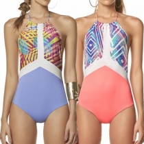 Fashion Sexy Geometric Printed One-piece Halter Swimsuit 