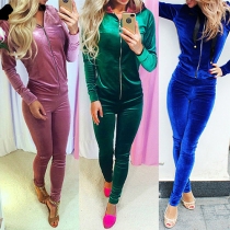 Fashion Casual Solid Color Long Sleeve Front Zipper Hoodie Sports Suit 