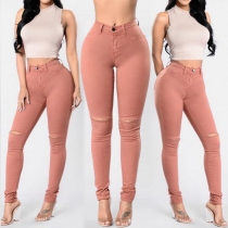 Fashion Solid Color Elastic High Waist Slim Fit Ripped Pants 