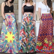 Fashion Casual Floral Printed Swing Maxi Skirt 