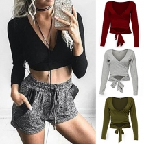 Fashion Sexy Solid Color Deep V-neck Crossover Bandage Tops