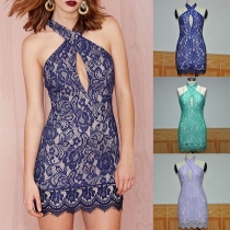 Sexy Backless Crossover Halter Slim Fit Lace Dress