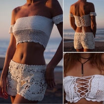 Sexy Solid Color Hollow Out Knit Bikini Top