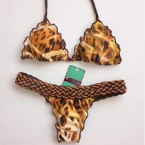 Sexy Leopard Print Woven Printed Halter Bikini Set