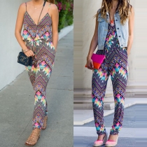 Sexy Backless Deep V-neck Printed Sling Jumpsuits