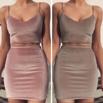 Sexy Solid Color Cami Top + High Waist Bust Skirt Two-piece Set