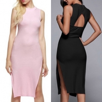 Sexy Hollow Out Slit Hem Sleeveless Solid Color Dress