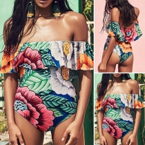Sexy Off-shoulder Ruffle Printed One-piece Swimsuit