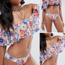 Sexy Ruffle Bra + Low-waist Briefs Printed Bikini Set