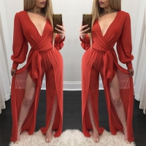 Sexy Deep V-neck Slit Hem Lantern Sleeve Chiffon Jumpsuits