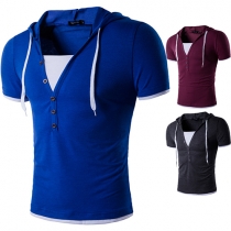 Fashion Contrast Color Short Sleeve V-neck Hooded Men's T-shirt