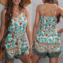 Sexy Backless Deep V-neck Sleeveless Printed Rompers
