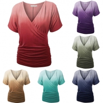 Fashion Short Sleeve V-neck Color Gradient T-shirt