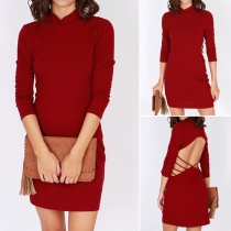 Sexy Backless 3/4 Sleeve Solid Color Bodycon Dress