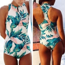Sexy Backless Sleeveless Stand Collar Printed One-piece Swimsuit