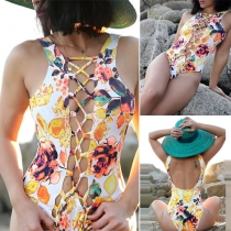 Sexy Backless Hollow Out Lace-up Printed One-piece Swimsuit