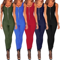 Sexy Backless Sleeveless Round Neck Solid Color Jumpsuits