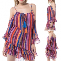 Sexy Off-shoulder Lotus Sleeve Colorful Striped Chiffon Dress