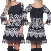 Sexy Off-shoulder Trumpet Sleeve Lace Spliced Printed Dress