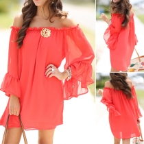 Sexy Off-shoulder Lotus Sleeve Solid Color Chiffon Dress
