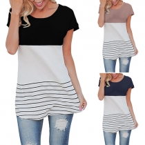 Fashion Short Sleeve Round Neck Lace Spliced Striped T-shirt